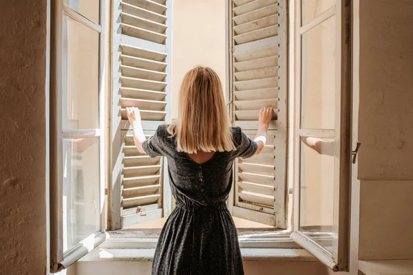 Blond Hair Woman Beautiful Dress Window Shutters Beginning New Day — Stock Photo, Image