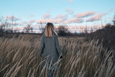 Açık arazide yürüyen bir kadın. Güzel sonbahar manzarası, sonbahar yaprakları. Kırsal manzaralı günbatımı. Hafta sonu dinlenip dinlenin. Rahat giysiler içinde şık bir mutlu kız. Akşam macerası
