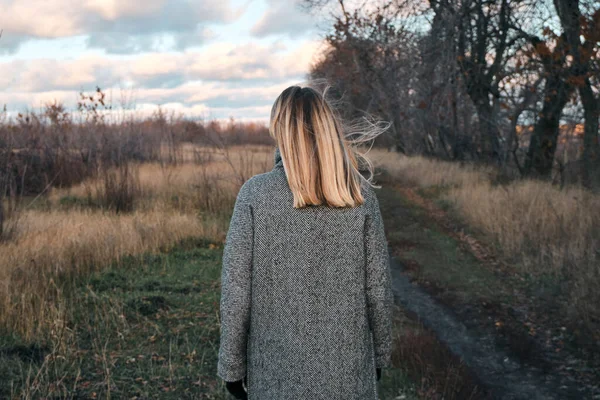 Uma Mulher Andar Num Campo Livre Bela Paisagem Outono Folhagem — Fotografia de Stock