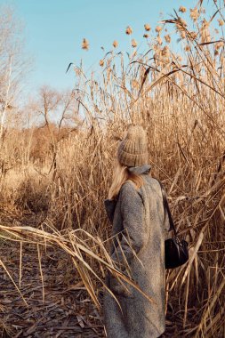 Açık arazide yürüyen bir kadın. Güzel sonbahar manzarası, sonbahar yaprakları. Kırsal manzaralı günbatımı. Hafta sonu dinlenip dinlenin. Rahat giysiler içinde şık bir mutlu kız. Akşam macerası