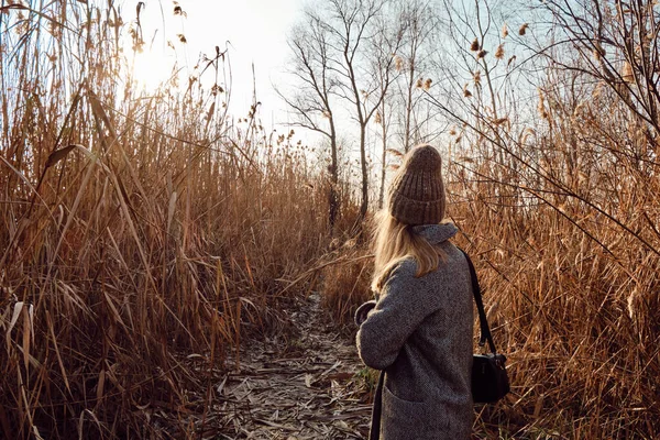 屋外の畑を歩いている女性 美しい秋の風景 田園風景の夕日 週末の休息と回復 快適な服のスタイリッシュな幸福の女の子 夜の冒険 — ストック写真
