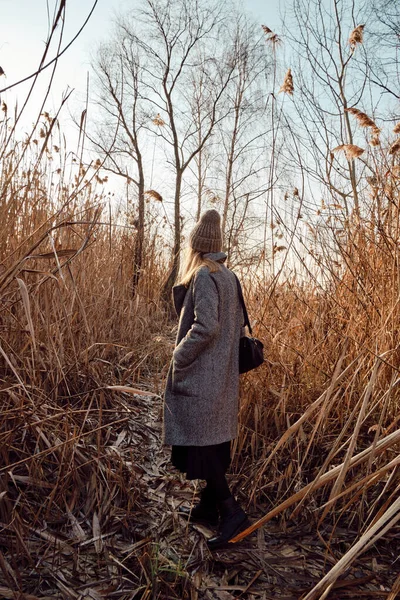 Žena Procházející Venku Poli Krásná Podzimní Krajina Podzimní Listí Venkovský — Stock fotografie
