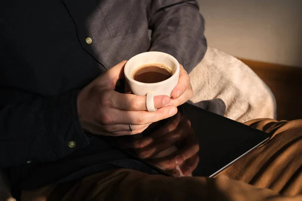 Businessman Holding Hands Tablet Cup Delicious Coffee Man Drinking Morning — Stock Photo, Image