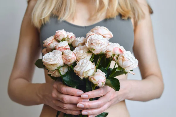 White Pink Roses Hands Happy Woman Rose Petal Close Beautiful — Stock Photo, Image