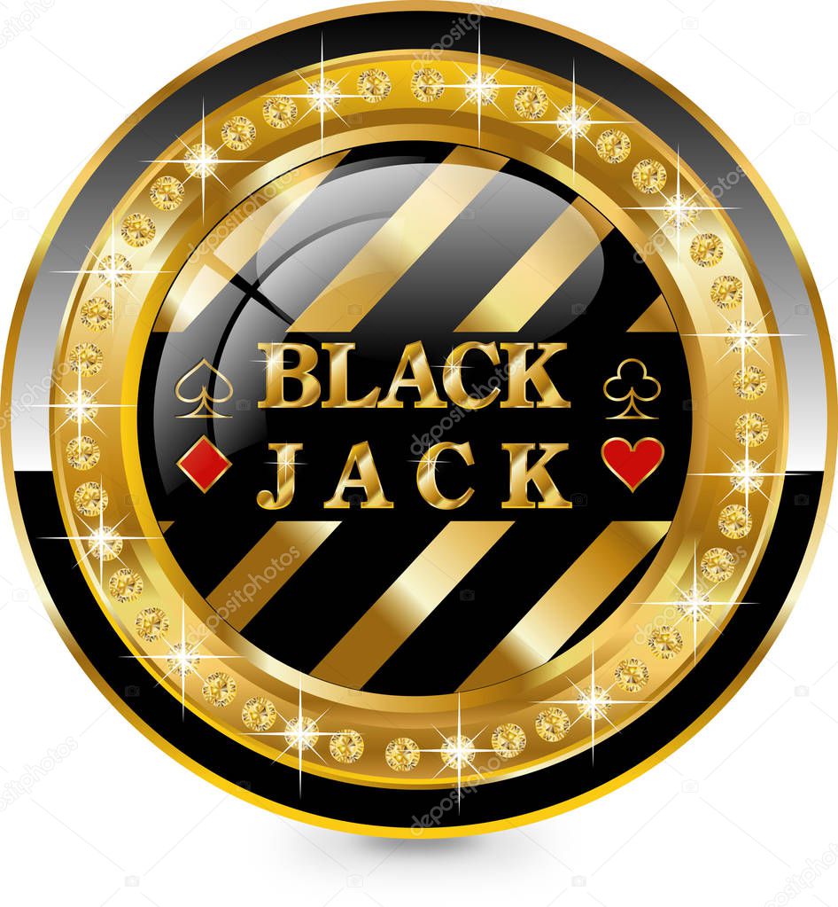 Black and golden round poker logo with lettering black jack, vector illustration