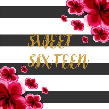 Mutlu doğum günü tebrik kartı sweet sixteen metin, vektör çizim ile