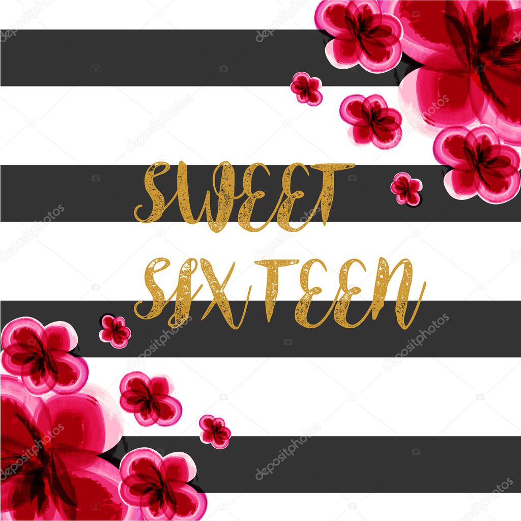 Happy Birthday greeting card with sweet sixteen text, vector illustration