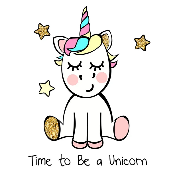 Sevimli küçük unicorn ile yıldızlar ve kapalı gözler