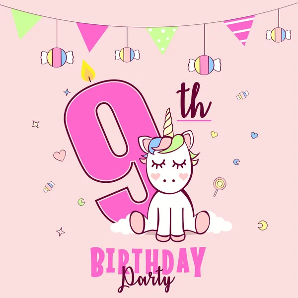 Invito Alla Festa Compleanno Con Unicorno Caramelle Sfondo Rosa Illustrazione — Vettoriale Stock
