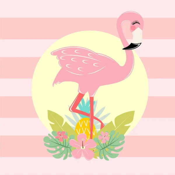 Tropikal yaprak, çiçek ve ananas pembe flamingo
