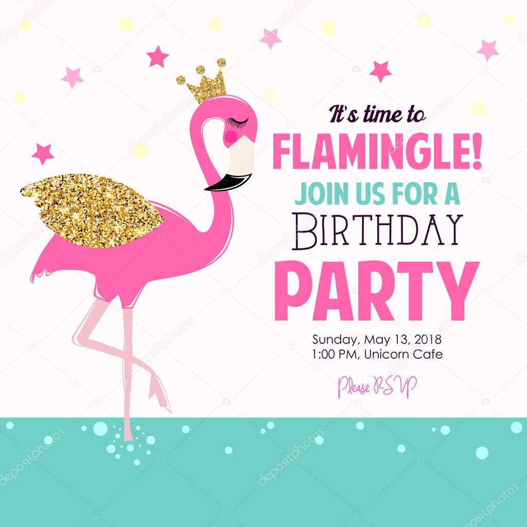 Cute flamingo birthday party invite. Colorful vector illustration 