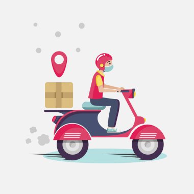Scooter 'lı koruyucu maskeli bir adamla teslimat, basit bir vektör çizimi. 