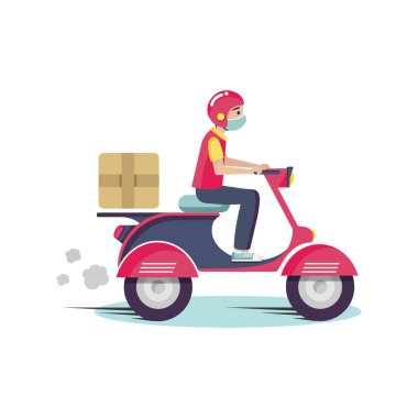 Scooter 'lı koruyucu maskeli bir adamla teslimat, basit bir vektör çizimi. 