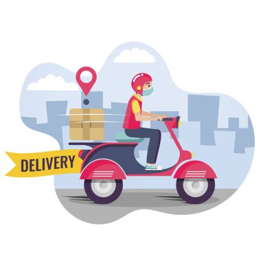 Scooter teslimatı, koruyucu maskeli adam scooter 'da, vektör çizimi 