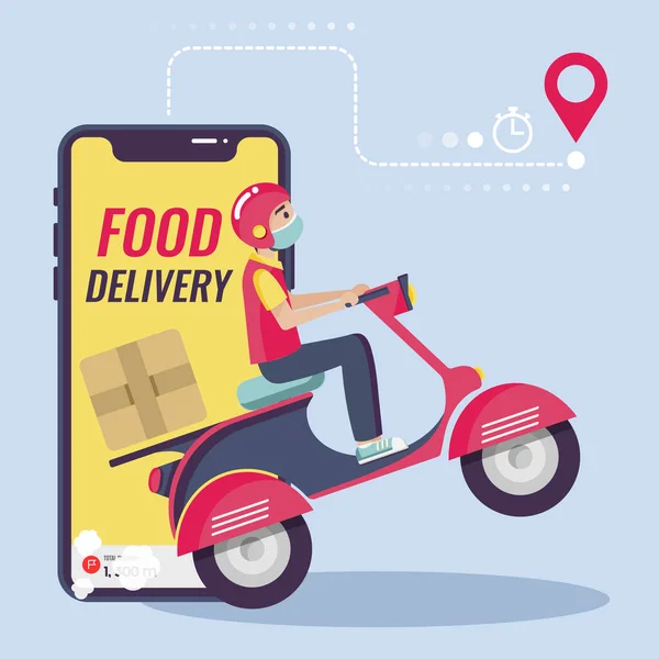 Entrega Alimentos Hombre Máscara Protectora Scooter Ilustración Vectores — Vector de stock