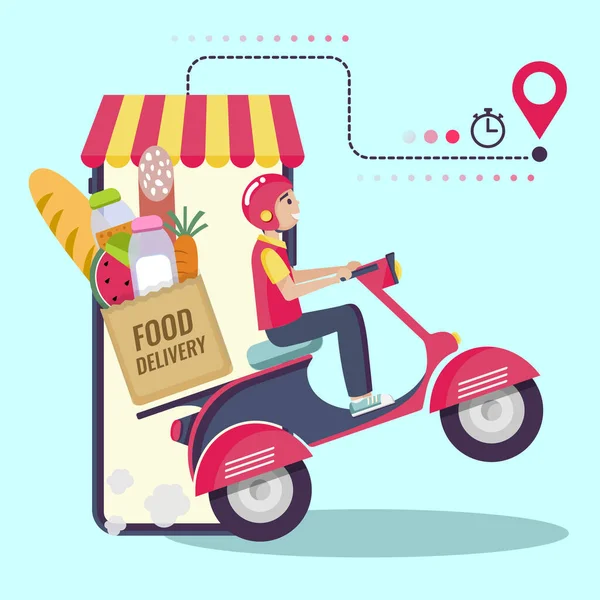 Entrega Alimentos Hombre Máscara Protectora Scooter Ilustración Vectores — Vector de stock