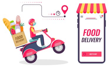 Renkli arka planda motosikletli bir adamla teslimat. 