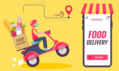 Renkli arka planda motosikletli bir adamla teslimat. 