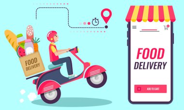 Renkli arka planda motosikletli bir adamla teslimat. 