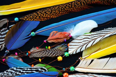 Dekorasyon tüyler ve değerli taşlar. Boho stili 