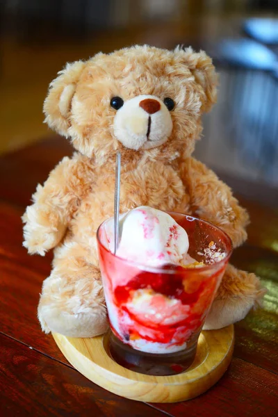 Teddy Bear with strawberry ice cream :Vintage tone
