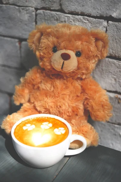 Cup of coffee and bear doll : Vintage tone
