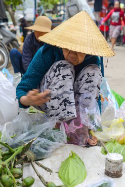 Hoi An, Vietnam - 7 Şubat 2018 kadın satmak gıda ve Hanoi sabah Pazar Old Town Vietnam çiçeklere