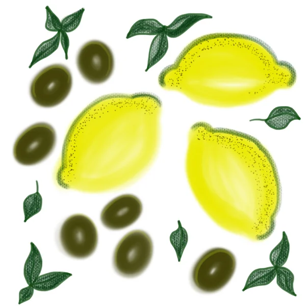 Illustratie van kleurrijke citroenen en olijven met bladeren — Stockfoto