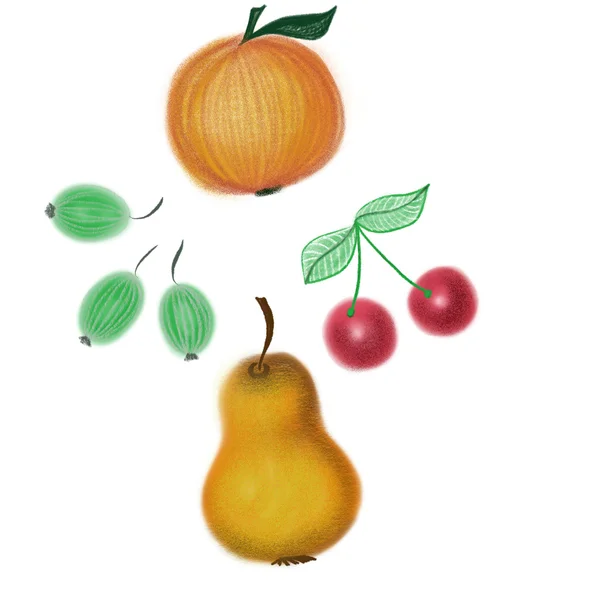 Bunte Früchte mit Bleistift, Aquarell und Acrylfarbe gezeichnet — Stockfoto