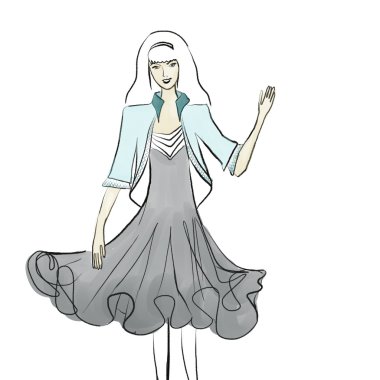 Merhaba glamour şık elbise ve ceket kalem, akrilik boya ve sulu boya tarafından çizilmiş sallayarak sarışın kız