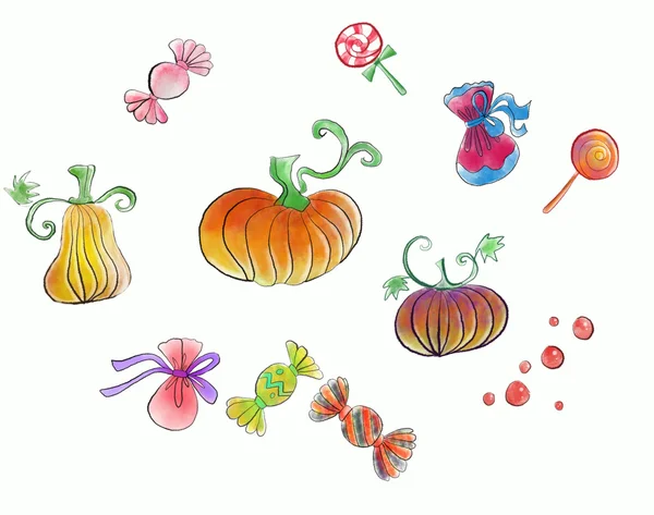 Pompoenen en sweeties getrokken door aquarel voor Halloween nacht — Stockfoto