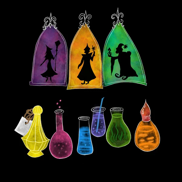 Silhouette of wizards and colorful potions on black background for Halloween night celebration — Stock Photo, Image