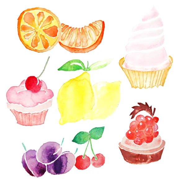 Colorful cupcakes with berries and fruits drawn by watercolor on paper — Stock Photo, Image