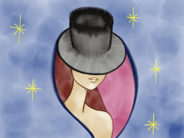 Retrato colorido de una misteriosa dama con sombrero dibujado por color acrílico, lápiz y acuarela sobre el fondo rosa — Foto de Stock