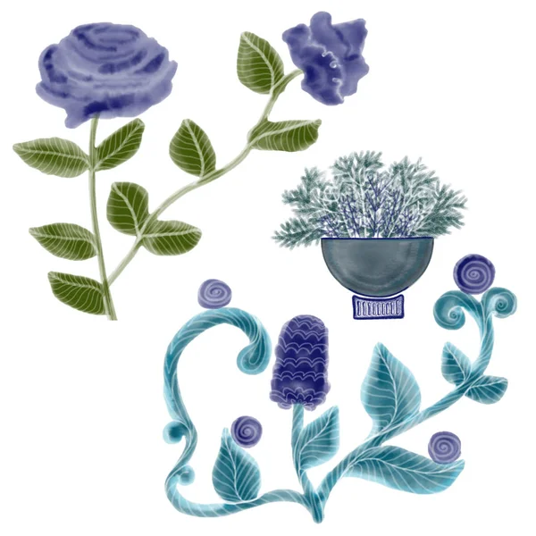 Von Hand gezeichnete Blumen in blauer Farbe mit Bleistift, Acrylfarbe und Aquarell — Stockfoto