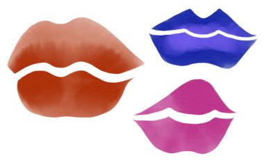 Küme dudaklar, pembe ve mavi boyalı illüstrasyon renkli el çekilmiş