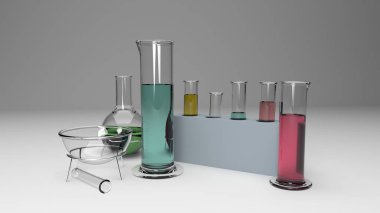 Beyaz arkaplanda izole edilmiş laboratuvar mataraları seti, 3d oluşturucu 