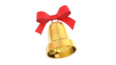 Beyaz arka planda izole edilmiş Noel çanı, kırmızı kurdeleli altın çan, jingle çanları, 3 boyutlu canlandırma