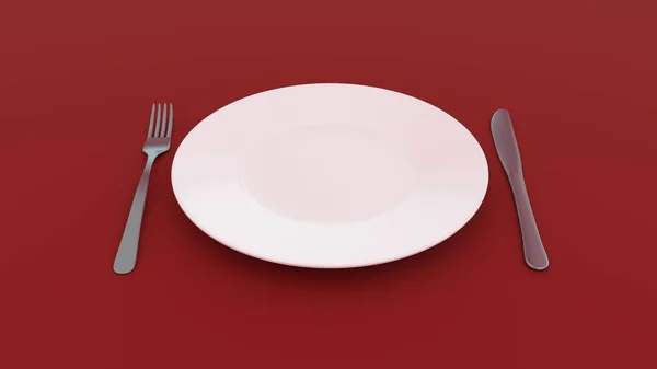 红色桌子上有叉子和刀的空盘子 3D渲染 — 图库照片