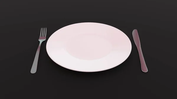 Empty Plate Fork Knife Black Table Rendering — Stock Photo, Image