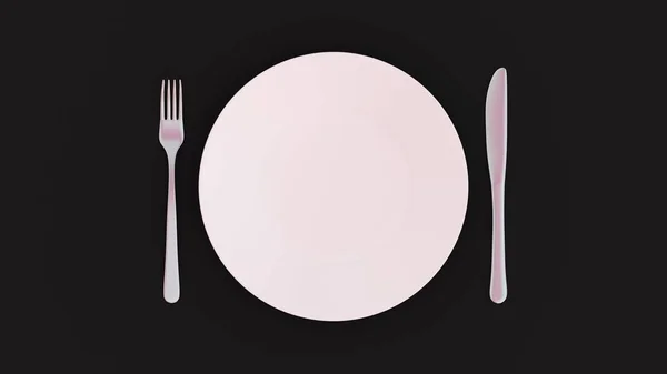 Empty Plate Fork Knife Black Table Rendering — 스톡 사진