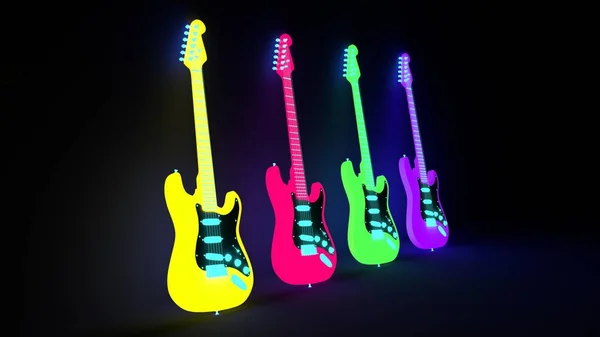 Guitarras Elétricas Néon Isoladas Renderização — Fotografia de Stock