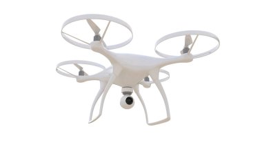 Uçan İHA beyaz arkaplanda izole edildi, 3 boyutlu görüntüleme