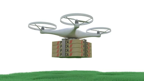 İHA pizza teslimatı, İHA 'nın pizza kutuları taşıması, 3D görüntüleme.