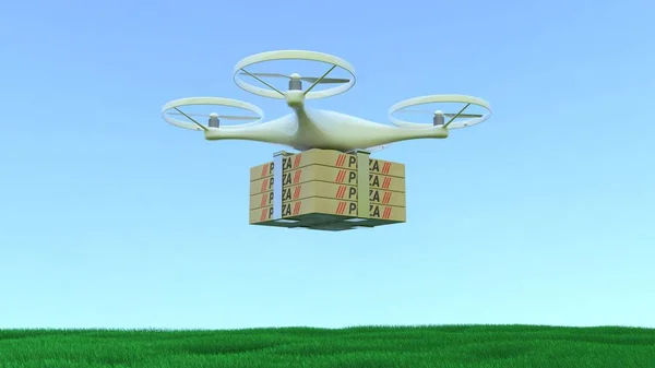 Dostawa Pizzy Dronów Dron Przewożący Pudełka Pizzy Renderowanie — Zdjęcie stockowe