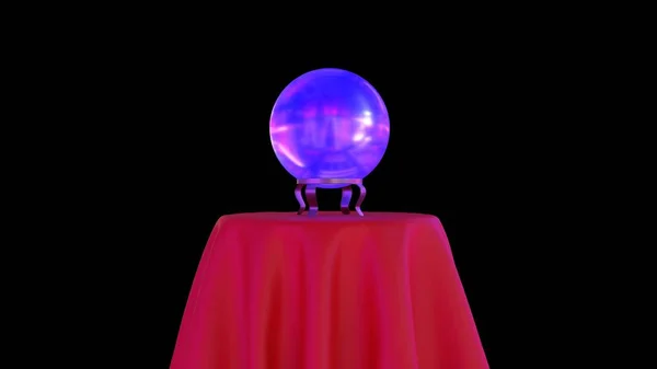 Magic crystal ball on red table, black background, 3D-rendering