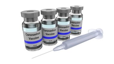 Coronavirus aşısı. 2019 ncov tedavisi. Beyaz arka planda izole edilmiş. 3D görüntüleme. İllüstrasyon kavramı. Cam şişeler..