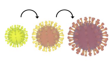Virüs mutasyonu. Virüs evrimi. 3D canlandırma konsepti. Coronavirus mutasyonu veya evrim. 