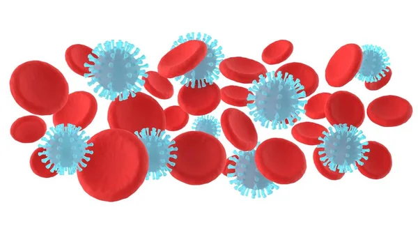 血液中のウイルス血液中のコロナウイルスコンセプトイラスト 血液細胞とコロナウイルスは白地に単離された 三次元レンダリング — ストック写真