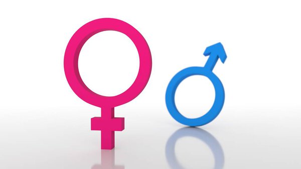 Gender symbols isolated on white background. 3D-rendering. Gender equality. Gender symbols on scales.  
